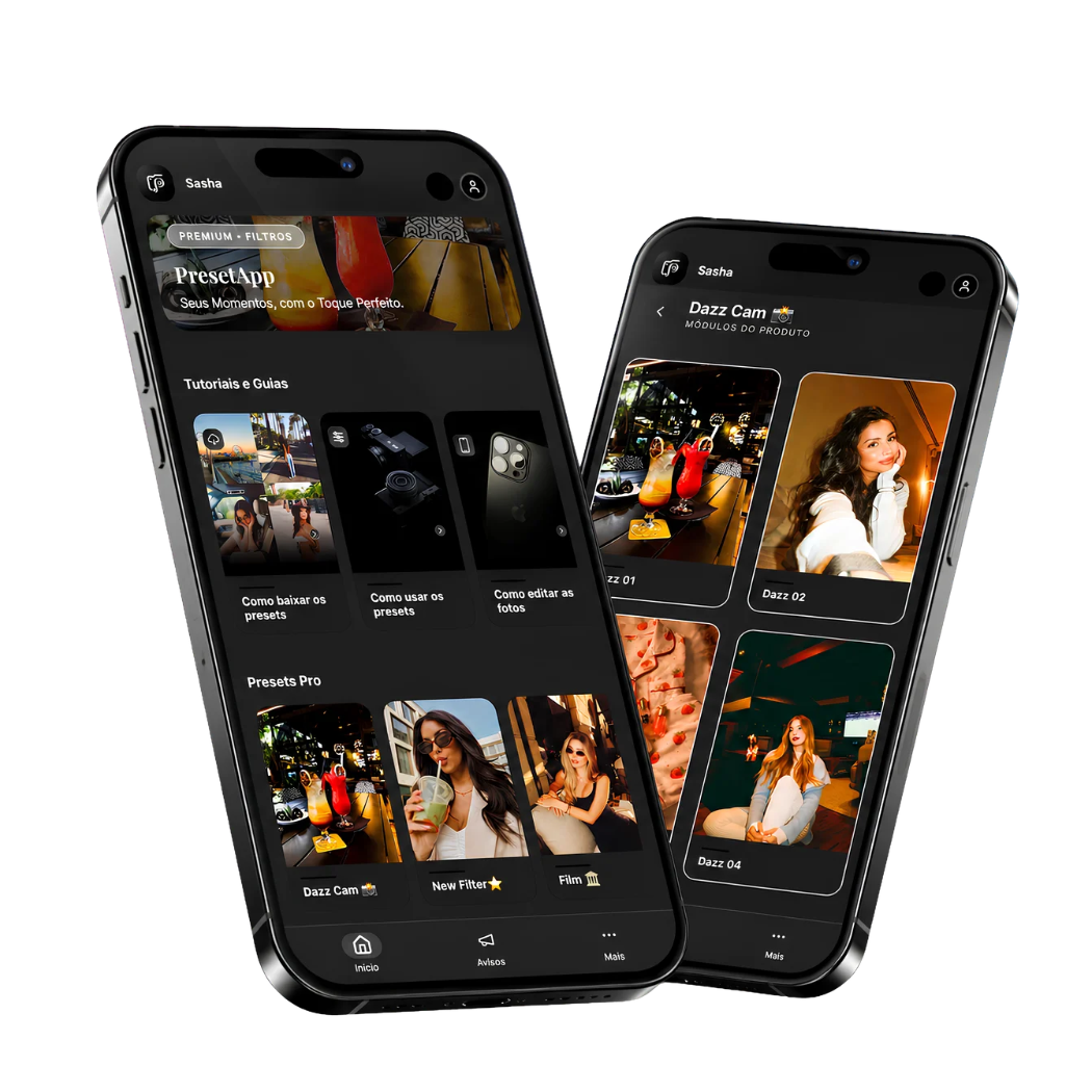 Aplicativo PresetApp aberto em dois iPhones mostrando presets e packs